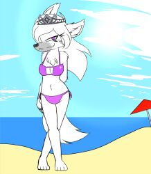  anthro arctic_wolf beach beach_umbrella bikini canid canine canis chest_tuft clothing crossed_legs crown female fluffy fluffy_ears fluffy_tail fur hair hand_behind_back headgear isolde_(w0lfmare) light looking_at_viewer mammal parasol purple_bikini purple_clothing purple_eyes purple_swimwear sand sea smile solo sunlight swimwear tail tuft two-piece_swimsuit w0lfmare water white_body white_fur white_hair white_tail wolf 