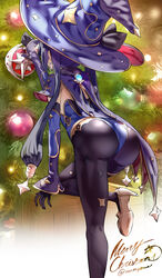  1girls 2021 ass back_view bending_forward big_ass black_hair bubble_butt christmas christmas_tree clothed clothed_female english_text female female_only genshin_impact hair_ornament hat highleg_leotard indoors large_ass large_hat leggings leotard long_hair mona_(genshin_impact) mona_ass purple_leotard sheer_legwear simple_background standing text tight_clothing tight_fit tights twintails uenoryoma witch_hat 