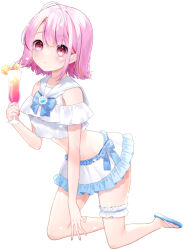  :o bare_shoulders blue_bow blue_footwear bow chitetan commentary_request copyright_request cup drink female flip-flops frilled_skirt frills full_body holding holding_cup looking_at_viewer multicolored_hair navel orange_hair parted_bangs parted_lips pink_hair red_eyes sailor_collar sandals shirt simple_background skirt solo streaked_hair virtual_youtuber white_background white_sailor_collar white_shirt white_skirt 