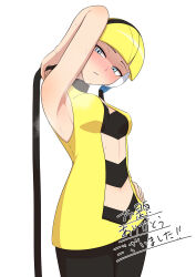  arm_behind_head bare_arms black_choker black_pantyhose blonde_hair blue_eyes blunt_bangs blush breasts choker commentary_request dress drill_bulbul elesa_(pokemon) female half-closed_eyes hand_on_own_hip headphones highres low_neckline medium_breasts midriff pantyhose pokemon pokemon_bw short_dress short_hair sleeveless sleeveless_dress solo steam sweat sweatdrop sweaty_armpits translation_request white_background yellow_dress 