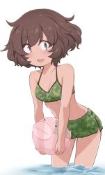  akiyama_yukari bikini blush breasts brown_eyes brown_hair camouflage camouflage_bikini cleavage collarbone female girls_und_panzer hazuki_haru highres looking_at_viewer medium_breasts open_mouth short_hair simple_background smile solo swimsuit water wet white_background 