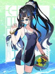  air_bubble alternate_costume artist_name ball black_eyes black_hair black_one-piece_swimsuit blue_hair blunt_bangs bracelet breasts bubble clothes_writing colored_inner_hair competition_swimsuit covered_navel cowboy_shot curly_hair evil_grin evil_smile fate/grand_order fate_(series) female gold_bracelet grin hair_ornament hand_up high_ponytail highres holding holding_ball jewelry kazune_rain long_hair looking_at_viewer multicolored_clothes multicolored_hair multicolored_swimsuit official_alternate_hairstyle one-piece_swimsuit ponytail sidelocks signature small_breasts smile solo streaked_hair sunglasses swimsuit tenochtitlan_(fate) thank_you twitter_username wading watermark 