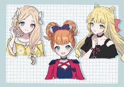  3girls annette_fantine_dominic bare_shoulders black_shirt blonde_hair blue_eyes breasts cleavage commentary_request cone_hair_bun cosplay criss-cross_halter dress fire_emblem fire_emblem:_three_houses fire_emblem_engage goldmary_(fire_emblem) goldmary_(fire_emblem)_(cosplay) green_eyes hair_bun hair_ribbon hair_rings halterneck hand_up highres hortensia_(fire_emblem) hortensia_(fire_emblem)_(cosplay) ingrid_brandl_galatea mercedes_von_martritz multiple_girls off-shoulder_shirt off_shoulder orange_hair ribbon rosado_(fire_emblem) rosado_(fire_emblem)_(cosplay) shirt short_hair short_sleeves white_ribbon yellow_dress yuurururun 