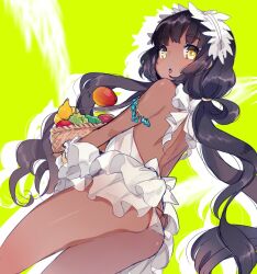  armlet backless_outfit bare_shoulders blush commentary_request dark-skinned_female dark_skin dress female food fruit fruit_bowl hairband holding jewelry kanro_ame_(ameko) long_hair looking_at_viewer looking_back original panties simple_background solo twintails underwear white_dress white_hairband white_panties yellow_background yellow_eyes 