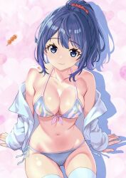  ass_visible_through_thighs bikini blue_bikini blue_eyes blue_hair breasts cleavage closed_mouth collarbone female front-tie_bikini_top front-tie_top hair_ornament hair_scrunchie invisible_chair jacket kousan long_sleeves looking_at_viewer make_heroine_ga_oo_sugiru! medium_breasts medium_hair navel off_shoulder open_clothes open_jacket ponytail red_scrunchie scrunchie side-tie_bikini_bottom sitting solo string_bikini swimsuit thighhighs white_jacket white_thighhighs yanami_anna 