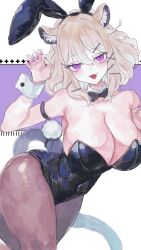  alternate_costume animal_ears arknights bare_shoulders black_bow black_bowtie black_leotard black_pantyhose bow bowtie breasts claw_pose cleavage cowboy_shot fake_animal_ears fake_tail female highres huge_breasts leotard light_brown_hair oerba_yun_fang open_mouth pantyhose playboy_bunny purple_background purple_eyes rabbit_ears rabbit_tail rocb short_hair solo tail two-tone_background utage_(arknights) white_background wrist_cuffs 