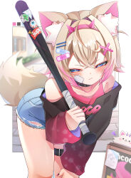  absurdres alternate_costume animal_ear_fluff animal_ears bare_shoulders baseball_bat bent_over black_shirt blonde_hair blue_eyes blue_shorts blurry blurry_background blush border collarbone delinquent denim denim_shorts dog_ears dog_girl dog_tail doom_yorusen female hairband highres holding holding_baseball_bat hololive hololive_english mococo_abyssgard multicolored_hair off-shoulder_shirt off_shoulder outside_border perroccino_(fuwamoco) pink_hair pink_hairband shirt short_hair short_shorts shorts solo_focus spiked_hairband spikes tail thigh_strap torn_clothes torn_shorts two-tone_hair two_side_up virtual_youtuber white_border 