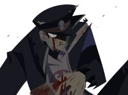  1boy armband black_coat black_hat black_pants black_undershirt blood blood_on_clothes blood_on_face blood_on_hands blood_stain blue_armband claw_mark closed_mouth coat cuts facial_hair frown goatee grey_eyes grey_hair hand_on_own_stomach hat highres ingo_(pokemon) injury male_focus nosebleed omnia-volo pants pearl_clan_outfit pokemon pokemon_legends:_arceus shaded_face short_hair sideburns torn_clothes torn_coat turtleneck white_background 