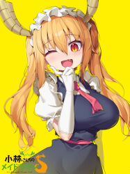  absurdres aiza-ku blonde_hair blush breasts dragon_girl dragon_horns female gloves gradient_hair highres horns kobayashi-san_chi_no_maidragon large_breasts long_hair looking_at_viewer maid maid_headdress multicolored_hair necktie oerba_yun_fang one_eye_closed open_mouth orange_eyes red_necktie slit_pupils smile solo tail tohru_(maidragon) twintails upper_body white_gloves 