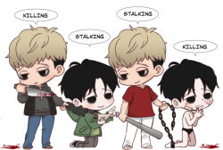  2boys bandages black_hair black_male_underwear blood chains chibi chibi_only frown green_jacket grey_jacket jacket katonist killing_stalking male_focus male_underwear multiple_boys oh_sangwoo recurring_image red_shirt shirt smile underwear underwear_only white_background writing yoon_bum 