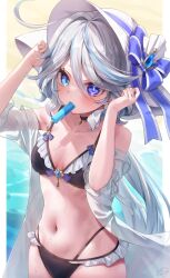  ahoge alternate_costume bare_shoulders beach bikini black_bikini black_choker black_panties blue_bow blue_eyes blue_gemstone blue_hair blue_pupils blue_ribbon blush bow breasts choker collarbone commentary_request cowboy_shot day drop-shaped_pupils female food food_in_mouth foot_out_of_frame furina_(genshin_impact) gem genshin_impact hand_on_headwear hands_up hat hat_bow hat_ribbon heterochromia highres light_blue_hair long_hair looking_at_viewer matsunashi_noe multicolored_hair navel off_shoulder paid_reward_available panties popsicle popsicle_in_mouth ribbon see-through signature small_breasts solo stomach streaked_hair swimsuit symbol-shaped_pupils underwear very_long_hair water white_hair white_hat 