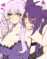  2girls :3 acheron_(honkai:_star_rail) ahoge animal_ears black_swan_(honkai:_star_rail) blush breasts commentary hair_between_eyes hair_over_one_eye half-closed_eyes hand_on_another&#039;s_ear heart hickey highres honkai:_star_rail honkai_(series) long_hair multicolored_eyes multicolored_hair multiple_girls oerba_yun_fang open_mouth pink_hair purple_eyes purple_hair smile streaked_hair sweatdrop symbol-only_commentary untt_kigkn white_background wolf_ears yuri 