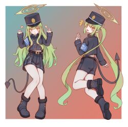  2girls :d absurdres armband belt black_belt black_footwear black_hat black_shorts black_skirt black_tail blue_archive blue_armband boots border buttons claw_pose commentary demon_tail double-breasted english_commentary full_body gradient_background green_hair green_halo halo hand_up hands_up hat highres hikari_(blue_archive) long_hair long_sleeves looking_at_viewer looking_back midriff_peek moekoso_(qmzs_kokoso) multiple_girls nozomi_(blue_archive) oerba_yun_fang open_mouth orange_background outside_border peaked_cap pleated_skirt pointy_ears shorts siblings simple_background sisters skin_fang skirt smile tail twins twintails white_border yellow_eyes 