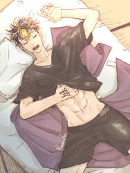  1boy abs artist_name bed black_hair black_shirt black_shorts blanket blonde_hair closed_eyes collarbone commentary_request drooling futon hair_between_eyes hand_tattoo hand_up hanma_shuuji highres indoors lying male_focus messy_hair multicolored_hair navel on_back on_bed open_mouth pillow ramfu shirt short_hair short_sleeves shorts signature sleeping solo stomach streaked_hair t-shirt tatami tattoo teeth tokyo_revengers u_u upper_teeth_only 