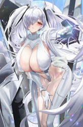  ahoge bodysuit breasts cinderella_(nikke) cleavage cleavage_cutout clothing_cutout female gloves goddess_of_victory:_nikke hair_over_one_eye hanh_chu highres huge_ahoge huge_breasts long_hair looking_at_viewer navel navel_cutout one_eye_covered outstretched_hand reaching reaching_towards_viewer red_eyes see-through solo thighs twintails twitter_username very_long_hair white_bodysuit white_gloves white_hair 