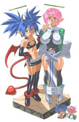  2girls :3 black_footwear black_gloves black_skirt black_thighhighs blue_hair boots breasts chzzei collarbone cosplay demon_girl demon_tail demon_wings disgaea earrings elbow_gloves etna_(disgaea) etna_(disgaea)_(cosplay) flying_sweatdrops glasses gloves green_eyes hand_on_own_hip highres izumi_konata jewelry large_breasts long_sleeves looking_at_another looking_at_viewer lucky_star magic_knight_(disgaea) magic_knight_(disgaea)_(cosplay) miniskirt mole mole_under_eye multiple_girls navel open_mouth pink_hair pointy_ears purple_eyes revealing_clothes round_eyewear shiny_gloves short_hair short_twintails skirt skull_earrings small_breasts spiked_hair sweatdrop tail takara_miyuki thigh_boots thighhighs twintails wings 