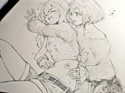  2girls art_tools_in_frame belt blush closed_eyes commentary_request gasuri_govan graphite_(medium) greyscale hatching_(texture) kouzuki_mahiru long_sleeves mechanical_pencil midriff mole mole_on_stomach monochrome multiple_girls musical_note navel open_mouth pencil shirt short_hair shorts single_off_shoulder spoken_musical_note sweatdrop teeth tickling tied_shirt traditional_media upper_teeth_only yamanouchi_kano yoru_no_kurage_wa_oyogenai yuri 