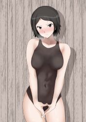  absurdres amagami black_eyes black_hair black_one-piece_swimsuit blush breasts clenched_hands closed_mouth collarbone covered_navel cowboy_shot female gyuunyuu_pack_(tanaka) highres kurosawa_noriko looking_at_viewer medium_breasts one-piece_swimsuit solo swimsuit v-shaped_eyebrows wooden_wall 