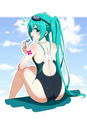  absurdres aqua_eyes aqua_hair ass black_one-piece_swimsuit competition_swimsuit female food from_behind goggles goggles_on_head hatsune_miku highres long_hair looking_at_viewer looking_back multicolored_clothes multicolored_swimsuit notice_lines one-piece_swimsuit popsicle sitting solo swimsuit twintails very_long_hair vocaloid yurizuku_owl 