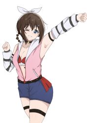  blue_eyes bra brown_hair female highres love_live! love_live!_nijigasaki_high_school_idol_club love_live!_nijigasaki_high_school_idol_club_kanketsu-hen one_eye_closed osaka_shizuku red_bra short_shorts shorts smile underwear zipper_dress 