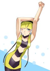  absurdres arm_up armpits bare_arms black_choker black_pantyhose blonde_hair blue_eyes blunt_bangs breasts choker collarbone commentary_request dress elesa_(pokemon) female hand_on_own_head headphones highres low_neckline medium_breasts one_eye_closed pantyhose poke_sacha pokemon pokemon_bw short_dress short_hair sleeveless sleeveless_dress solo yellow_dress 