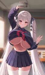  absurdres against_fourth_wall arms_up azur_lane black_serafuku black_skirt board_eraser breast_press breasts chalkboard classroom cleavage crop_top female formidable_(azur_lane) formidable_(the_lover&#039;s_heart_flutters_on_duty)_(azur_lane) grey_hair highres huge_breasts indoors long_hair looking_at_viewer miniskirt navel no_bra official_alternate_costume pleated_skirt red_eyes sailor_collar school_uniform seoki_(hi3031) serafuku skirt thighhighs thighs twintails underboob very_long_hair white_thighhighs 