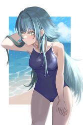  absurdres beach blue_eyes blue_one-piece_swimsuit commentary_request competition_school_swimsuit female flipped_hair gakuen_idolmaster hand_on_own_thigh highres horizon idolmaster leaning_forward long_hair looking_to_the_side ocean one-piece_swimsuit out-of-frame_censoring saohahu school_swimsuit solo swimsuit tsukimura_temari yellow_eyes 