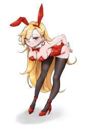  absurdres animal_ears artist_request blonde_hair blue_eyes bow bowtie breasts cleavage detached_collar fake_animal_ears female full_body high_heels highres large_breasts leaning_forward leotard long_hair looking_at_viewer panty_&amp;_stocking_with_garterbelt panty_(psg) playboy_bunny rabbit_ears rabbit_tail red_footwear red_leotard simple_background smile solo tail thighhighs white_background wrist_cuffs 