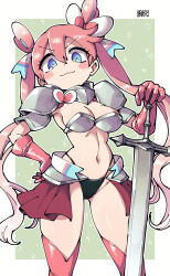  :3 armor bikini_armor blue_eyes blush breasts chichibu_(watson) cleavage closed_mouth elbow_gloves female gloves highres holding holding_sword holding_weapon long_hair looking_at_viewer medium_breasts navel personification pink_gloves pink_hair pokemon smile solo sword sylveon twintails weapon 