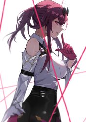  absurdres animal_ears black_gloves black_shorts breasts eyewear_on_head female from_side gloves highleg_shorts highres honkai:_star_rail honkai_(series) kafka_(honkai:_star_rail) large_breasts long_sleeves medium_hair parted_lips petchi1999 purple_eyes purple_gloves purple_hair round_eyewear shirt shorts simple_background solo upper_body white_background white_shirt 