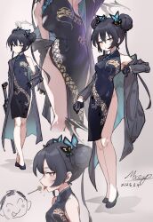  1boy black_dress black_gloves black_hair blue_archive blue_butterfly breasts bug butterfly butterfly_hair_ornament candy cardigan china_dress chinese_clothes closed_mouth covered_navel cs/ls06 dated doodle_sensei_(blue_archive) dot_mouth dot_nose double_bun dragon_print dress expressionless female food full_body gloves grey_cardigan grey_eyes grey_halo gun hair_between_eyes hair_bun hair_ornament half_gloves halo high_heels holding holding_gun holding_weapon kisaki_(blue_archive) licking light_blush lollipop long_sleeves looking_at_viewer mo_moaogu multiple_views pelvic_curtain pumps saliva saliva_trail sensei_(blue_archive) short_dress side_slit sidelocks signature simple_background single_off_shoulder sleeveless sleeveless_dress small_breasts standing thighs tongue tongue_out turtleneck turtleneck_dress twintails weapon white_background 