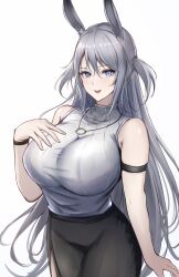  :d arknights arm_strap bare_arms bare_shoulders black_skirt blue_eyes breasts commentary_request cowboy_shot female grey_hair hand_up highres huge_breasts long_hair open_mouth poni_(poni_arknights) savage_(arknights) simple_background skirt smile solo standing very_long_hair white_background 