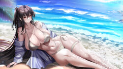  absurdres ahoge azur_lane beach bikini black_hair blue_jacket blush breasts cleavage closed_mouth collarbone criss-cross_straps crossed_bangs feet_out_of_frame female hair_between_eyes hand_rest highres huge_breasts jacket long_hair looking_at_viewer lying nail_polish navel off_shoulder official_alternate_costume on_side one_side_up outdoors palm_tree red_eyes side-tie_bikini_bottom skindentation solo splashing stomach swimsuit taihou_(azur_lane) taihou_(seaside_daydreams)_(azur_lane) thick_thighs thigh_gap thigh_strap thighs tree very_long_hair water wet white_bikini yuuzuki_hijiri 