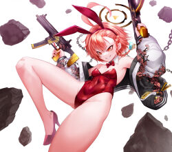  ahoge animal_ears black_halo blue_archive bow bowtie braid breasts chinese_commentary commentary_request covered_navel detached_collar dtcy fake_animal_ears female gun halo highleg highleg_leotard highres huge_ahoge jacket leotard mole mole_under_each_eye mole_under_eye multiple_moles neru_(blue_archive) neru_(bunny)_(blue_archive) official_alternate_costume orange_hair parted_lips playboy_bunny print_jacket rabbit_ears red_bow red_bowtie red_eyes red_footwear red_leotard rock short_hair sig_mpx simple_background single_braid small_breasts smile solo strapless strapless_leotard submachine_gun sukajan tag weapon white_background 