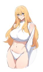  arms_behind_back bare_shoulders blonde_hair blue_eyes breasts cowboy_shot fate/grand_order fate_(series) female genderswap_(mtf) hair_between_eyes highres jacket kirschtaria_wodime large_breasts long_hair looking_at_viewer midriff navel pale_skin panties partially_undressed rule_63 sabamori smile solo_focus standing thighhighs underwear white_background white_jacket white_panties 