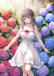  blue_flower blush breasts brown_hair cleavage collarbone commentary dress eyelashes female fence flower frilled_dress frills grey_eyes hydrangea long_hair looking_at_viewer original outdoors pink_flower red_ribbon ribbon sebu_illust smile solo standing white_dress wooden_fence 