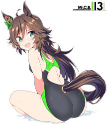  ahoge animal_ears ass black_one-piece_swimsuit brown_hair character_name competition_swimsuit female from_behind green_eyes horse_ears horse_girl horse_tail indian_style long_hair looking_at_viewer looking_back mr._c.b._(umamusume) one-piece_swimsuit shigino_sohuzi sitting solo swimsuit tail two-tone_swimsuit umamusume 