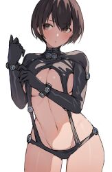  absurdres black_gloves breasts brown_eyes brown_hair cleavage closed_mouth cowboy_shot female gantz gantz_suit gloves hifumi_chiyoko highres large_breasts looking_to_the_side navel revealing_clothes short_hair simple_background solo stomach white_background yamasaki_anzu 