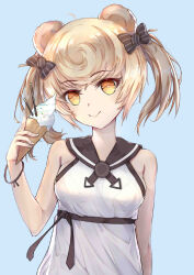  animal_ears arknights bare_shoulders bear_ears blonde_hair bow breasts dress food gummy_(arknights) gummy_(summer_flowers)_(arknights) hair_ornament hat highres holding ice_cream looking_at_viewer official_alternate_costume open_mouth sailor_collar short_hair skying sleeveless smile solo swimsuit white_dress 