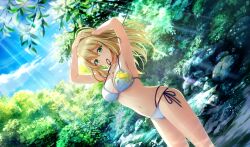  arms_up bikini blonde_hair cinderella_series dutch_angle female game_cg green_eyes hachigatsu_no_cinderella_nine hair_ornament hair_tie_in_mouth hairclip halterneck hands_in_hair highres lens_flare light_particles light_rays long_hair looking_at_viewer mouth_hold navel non-web_source nozaki_yuuki official_alternate_hairstyle official_art outdoors side-tie_bikini_bottom sky solo standing string_bikini sunbeam sunlight swimsuit tree tree_shade tying_hair wading white_bikini 