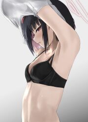  absurdres black_bra black_hair blue_archive bra breasts commentary_request disuto female gradient_background grey_background halo highres kazusa_(blue_archive) multicolored_hair open_mouth red_eyes short_hair small_breasts solo two-tone_hair underwear undressing upper_body white_halo 