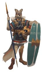  absurd_res anthro armor brown_body brown_fur canid canine canis chainmail clothed clothing collar coyote digital_media_(artwork) footwear fur greek greek_armor greek_clothing headgear helmet hi_res holding_melee_weapon holding_object holding_weapon leg_armor looking_at_viewer male mammal melee_weapon pelzibat polearm shield shoes simple_background solo spear tail topwear weapon 