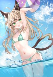  :3 ahoge animal_ears arms_up ball beachball bikini blonde_hair blue_sky breasts cat_ears cat_girl cat_tail choker female genshin_impact green_bikini green_choker green_eyes heart heart_tail highres holding holding_ball kirara_(genshin_impact) long_hair looking_at_viewer mitsu336 multiple_tails navel ocean open_mouth outdoors side-tie_bikini_bottom sky small_breasts smile solo string_bikini summer swimsuit tail two_tails 