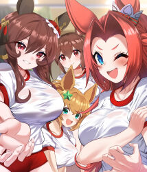  4girls :d ;d absurdres animal_ears blue_eyes breasts brown_hair buruma closed_mouth gentildonna_(umamusume) gym_shirt gym_uniform hair_between_eyes hair_ornament highres hishi_akebono_(umamusume) horse_ears horse_girl kawakami_princess_(umamusume) large_breasts long_hair looking_at_viewer maou_(maoudaisukiya) multiple_girls one_eye_closed open_mouth red_buruma red_eyes red_hair shirt smile star_(symbol) star_hair_ornament taiki_shuttle_(umamusume) umamusume white_shirt 