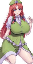  black_bow blue_eyes bow breasts china_dress chinese_clothes dress female green_dress green_vest hairbow highres hong_meiling large_breasts looking_at_viewer mirufui multiple_hair_bows red_hair shirt smile solo star_(symbol) thick_thighs thighs touhou vest white_background white_shirt 