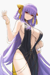  bare_shoulders bb_(fate) bb_dubai_(fate) black_dress braid braided_hair_rings breasts center_opening chains closed_mouth cocktail_dress dress fate/grand_order fate_(series) female from_below gold_chain grey_background hair_rings highres kamo_ashi large_breasts long_hair looking_at_viewer partially_shaded_face purple_eyes red_eyes revision sideboob smile solo thighs very_long_hair 