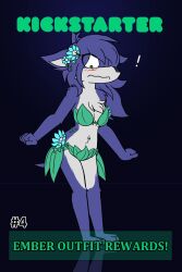  2:3 anthro bikini bloodline_(webcomic) blue_body blue_ears blue_flower blue_fur blue_tail blush blush_lines breasts canid canine canis chest_tuft clothing embarrassed ember_(bloodline) exclamation_point female flower flower_accessory fluffy_ears fur green_bikini green_clothing green_eyes green_swimwear green_text hi_res kickstarter leaf_bikini leaf_clothing mammal multicolored_body plant solo swimwear tail text tuft two-piece_swimsuit two_tone_body w0lfmare white_body white_fur wolf 