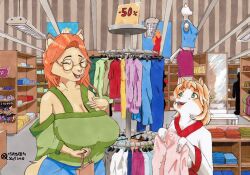  absurd_res akizuki_(xefino) anthro big_breasts blue_bottomwear blue_clothing blue_pants bottomwear bra breasts clothing domestic_cat duo felid feline felis female fur green_bottomwear green_clothing green_eyes green_pants grey_clothing hair hi_res huge_breasts katrina_fowler mall mammal mature_anthro mature_female orange_body orange_fur orange_hair panties pants pink_clothing purple_clothing red_clothing shelf shopping size_difference smile smiling_at_another towel underwear white_body white_clothing white_fur wide_hips xefino yellow_clothing 