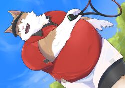  2024 absurd_res anthro belly big_belly bottomwear brown_body brown_fur clothing domestic_cat en_1_9 felid feline felis fur hi_res kemono male mammal open_mouth outside overweight overweight_male pink_nose plant shirt shorts solo sport tennis tennis_racket topwear tree white_body white_fur 