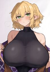  absurdres bare_shoulders black_shirt blonde_hair blush breasts brown_jacket clothes_pull female green_eyes hair_between_eyes high_ponytail highres huge_breasts jacket jacket_pull looking_at_viewer medium_hair mizuhashi_parsee moriforest1040 pointy_ears shirt touhou 